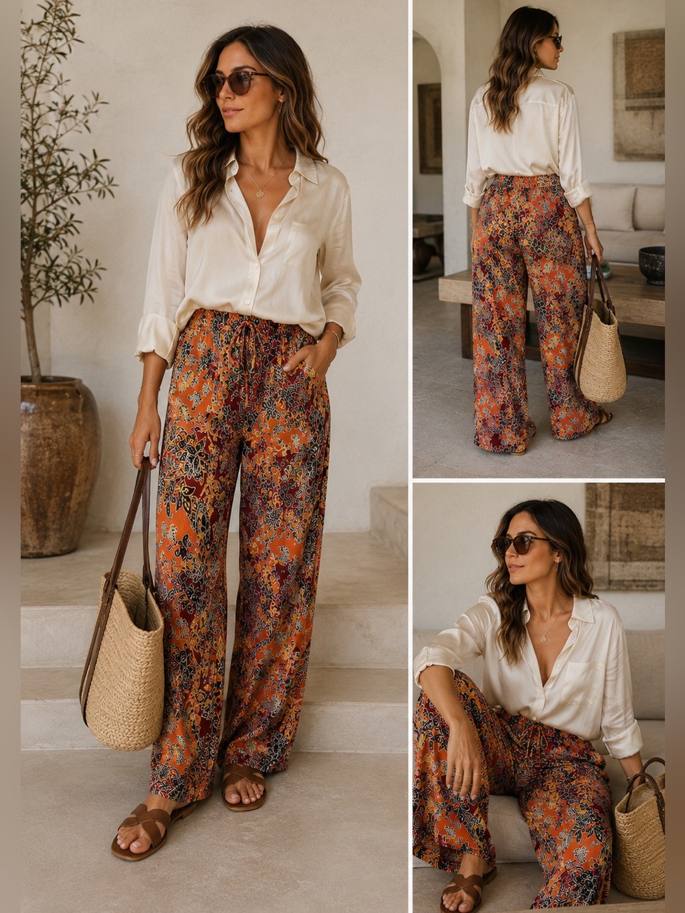 Saks Fifth Avenue Folio Silk Paisley Lounge Pants Boho Resortwear Euro Summer